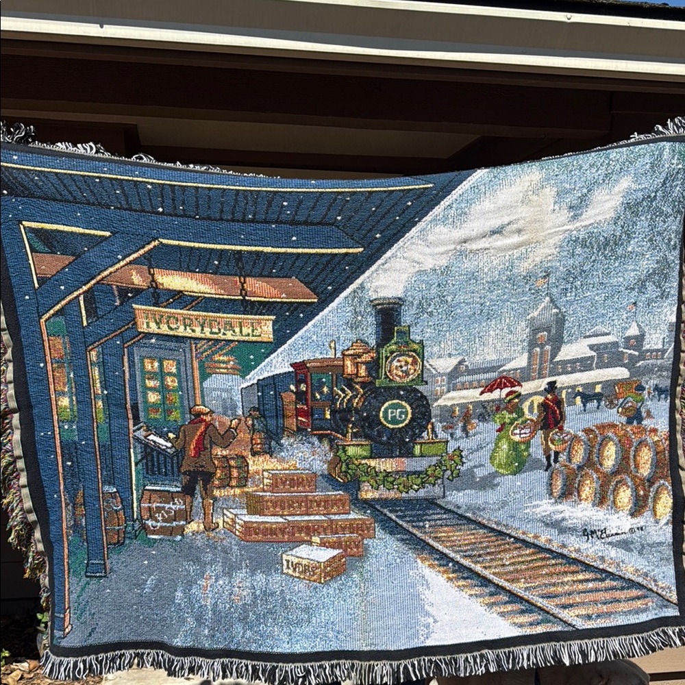 Vintage Northwest Company Winter Train Station Woven Tapestry Throw Blanket
